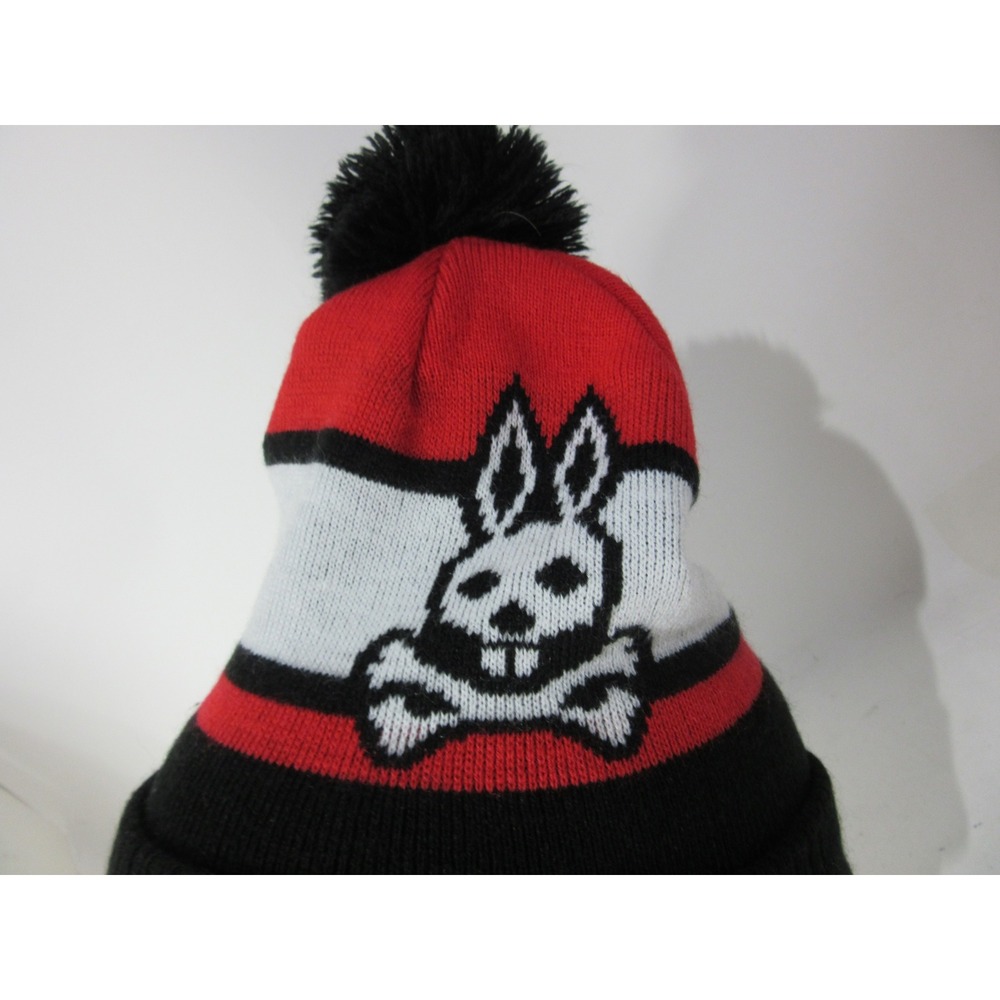 Psycho Bunny Beanie Hat Mens OS Red White Black Pom Pom Striped Logo - Picture 2 of 6